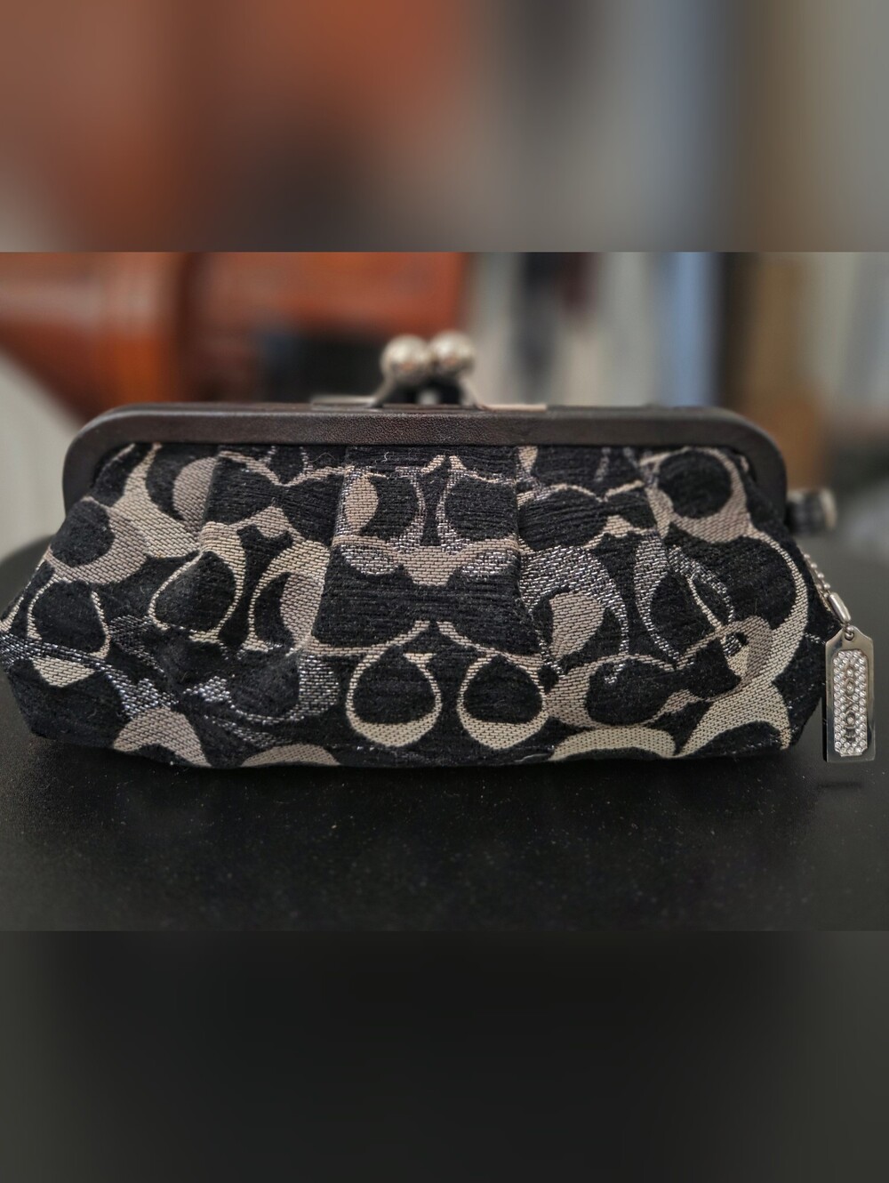 Vintage Coach Signature Black, Silver, Gray Signature Frame Wristlet Clutch.